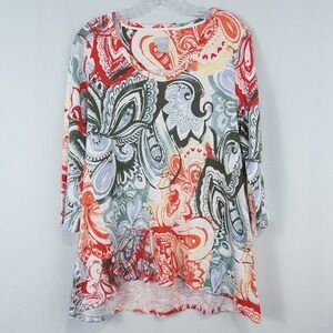 Chicos Cotton Slub Paisley Floral 3/4 Sleeve Tee Size 1 Medium‎ Boho Colorful